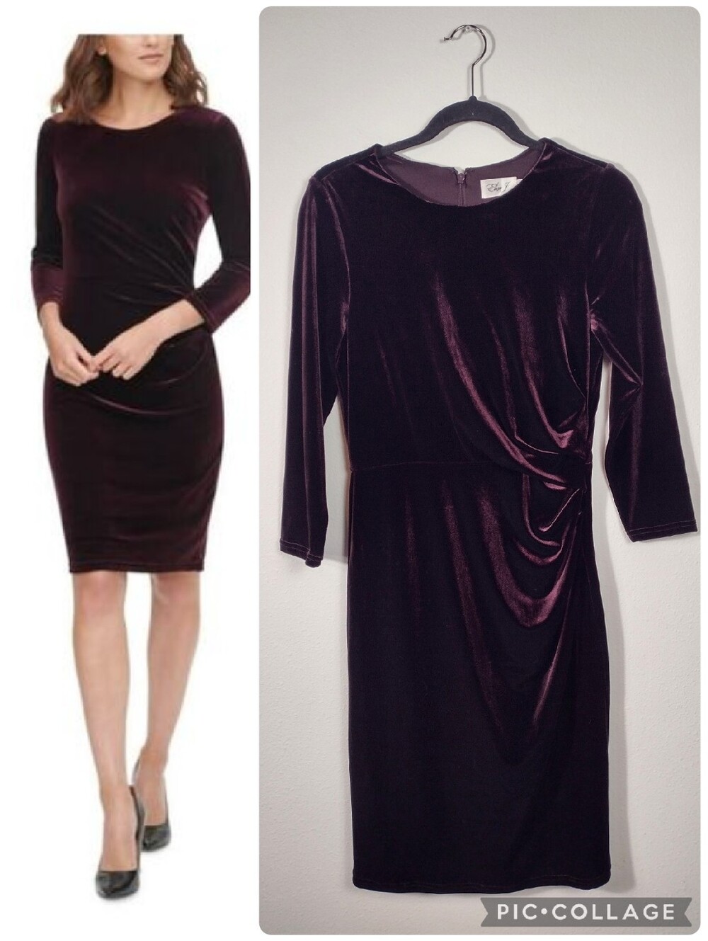 Eliza J Purple Velvet Gathered Sheath Dress 3/4 Sleeves Size 8